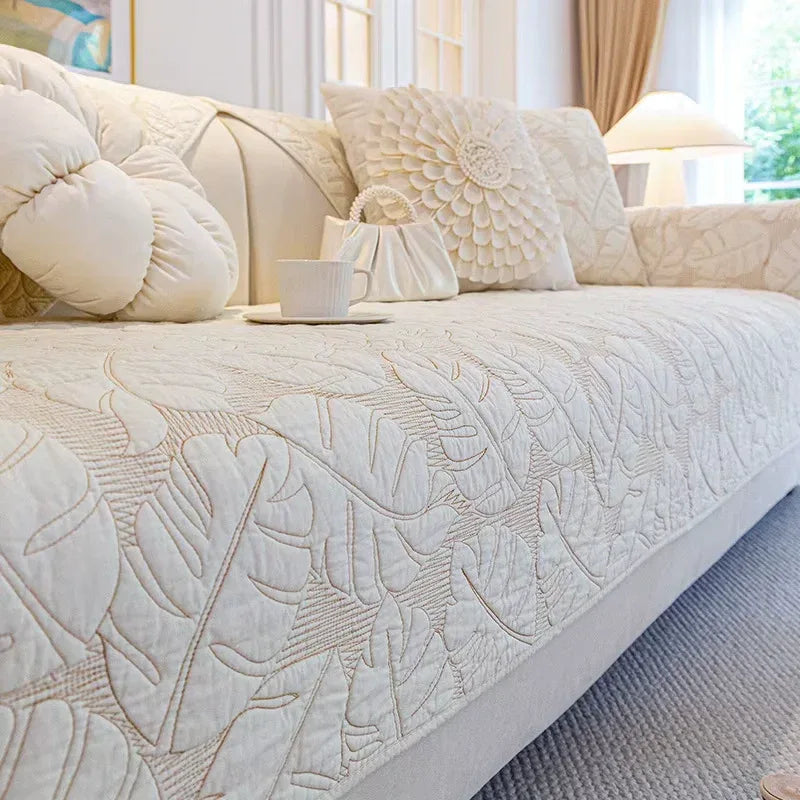 Housse de canapé en coton motif feuilles antidérapante - Blanc
