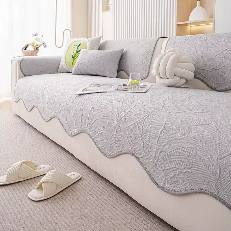 Housse de canapé en soie glacée polyester motif floral brodé antidérapante - Gris