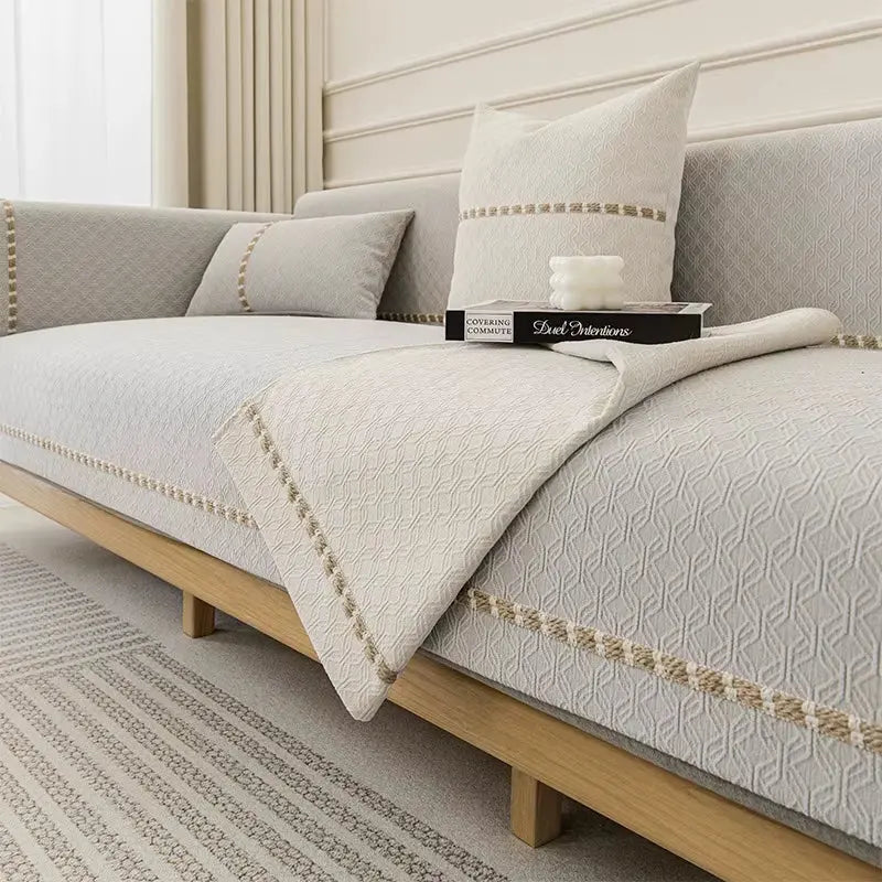 Housse de canapé jacquard brodée en chenille antidérapante - Gris