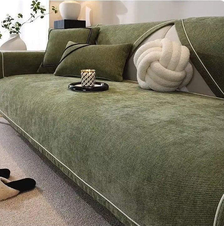 Housse de canapé légère en chenille couleur vert – protection antidérapante et lavable