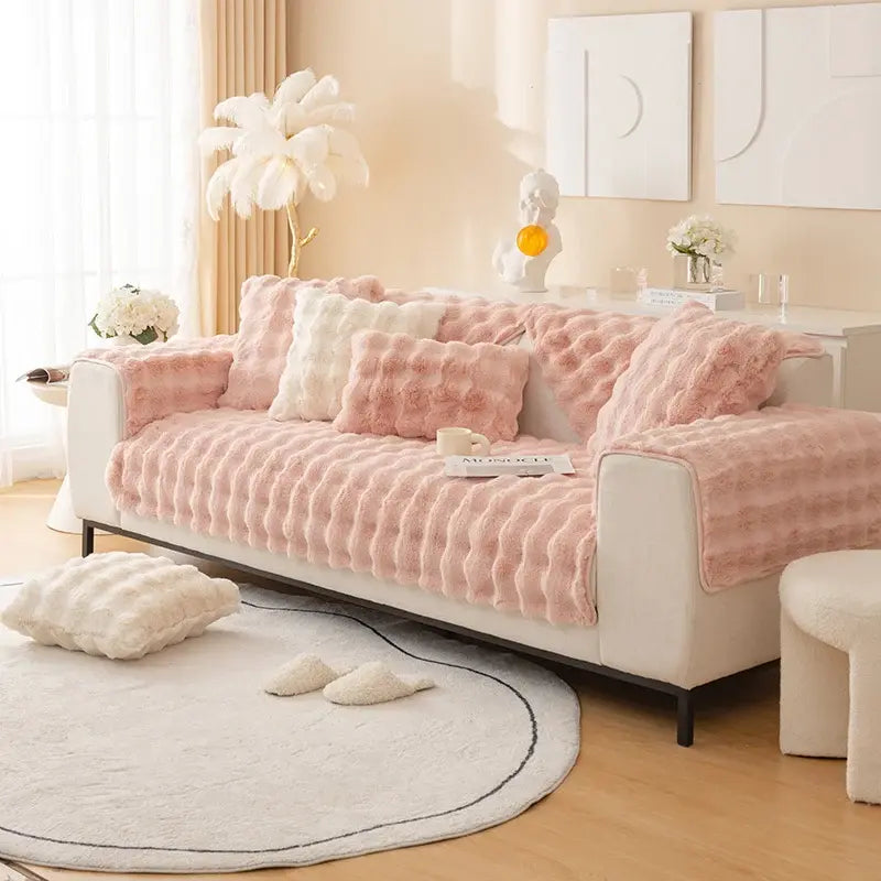 Housse de canapé en laine de lapin et flanelle - rose
