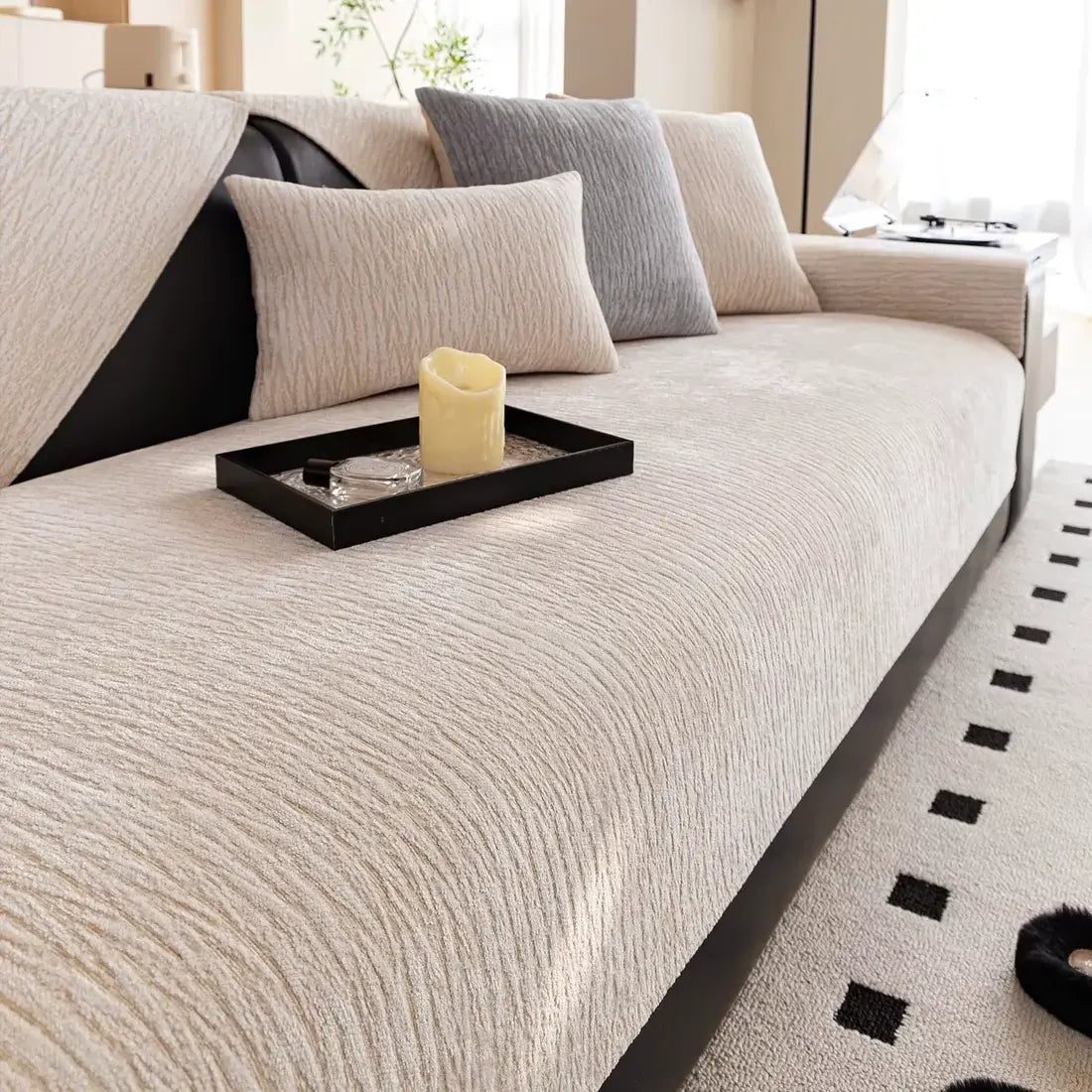Housse de canapé 2 places en chenille unie antidérapante - Beige
