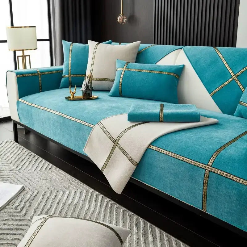 Housse de canapé en chenille brodée 4 saisons - Bleu
