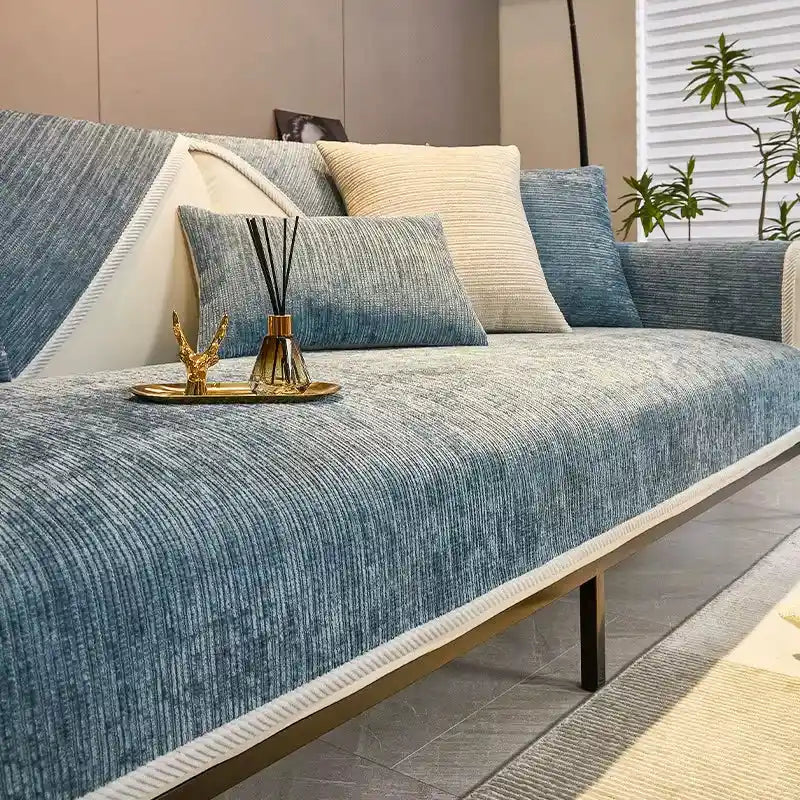 Housse de canapé en chenille chaleureuse antidérapante bleu