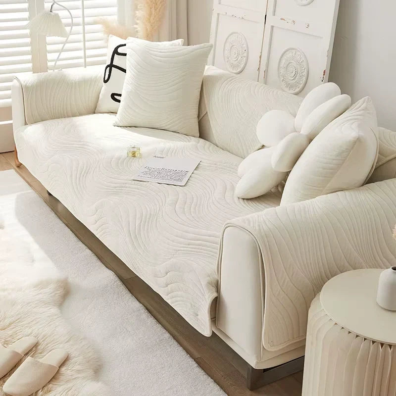 Housse de canapé en chenille motif ondulation brodée antidérapante - Blanc
