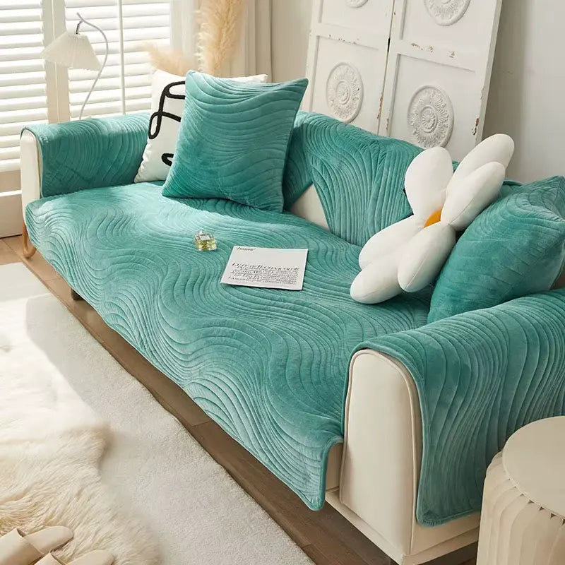 Housse de canapé en chenille motif ondulation brodée antidérapante - Bleu turquoise
