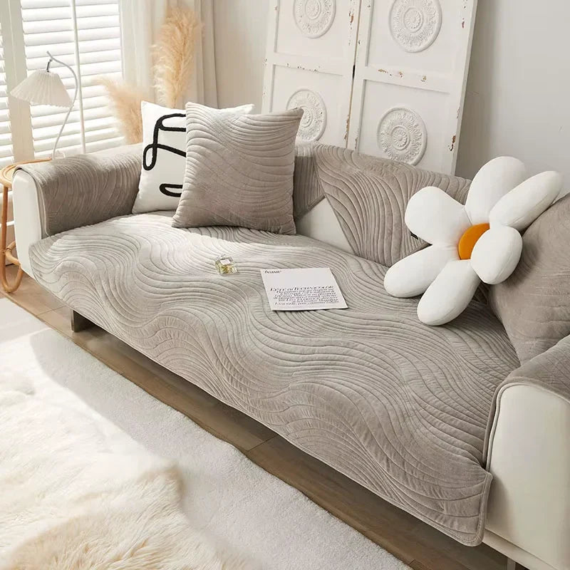 Housse de canapé en chenille motif ondulation brodée antidérapante - Gris
