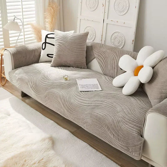 Housse de canapé en chenille motif ondulation brodée antidérapante - Gris
