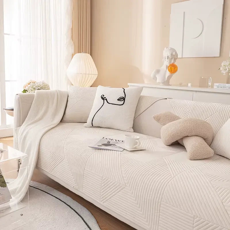 Housse de canapé en chenille épaissie motif géométrique antidérapante - Blanc
