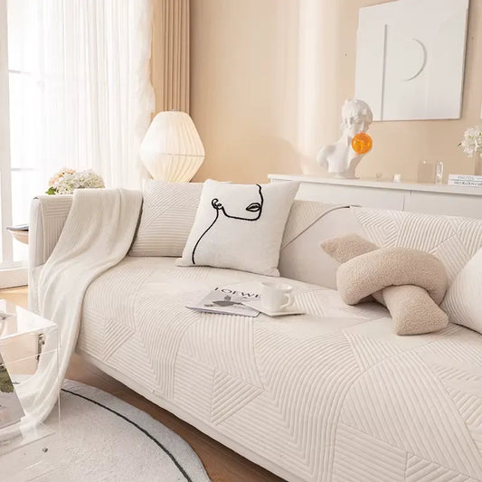 Housse de canapé en chenille épaissie motif géométrique antidérapante - Blanc
