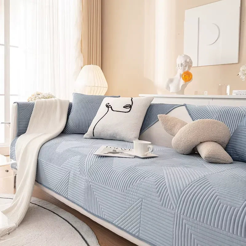 Housse de canapé en chenille épaissie motif géométrique antidérapante - Bleu
