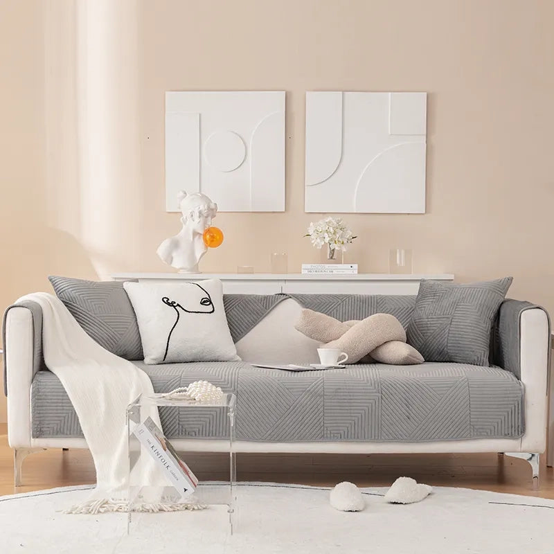 Housse de canapé en chenille épaissie motif géométrique antidérapante - Gris
