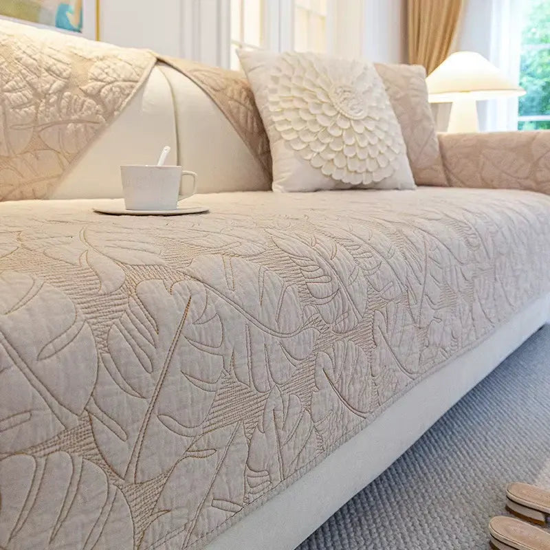 Housse de canapé en coton motif feuilles antidérapante - Beige
