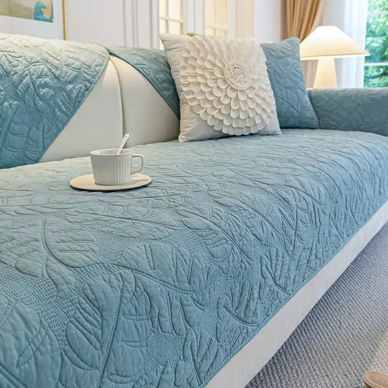 Housse de canapé en coton motif feuilles antidérapante - Bleu
