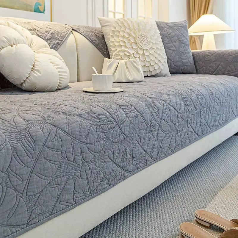 Housse de canapé en coton motif feuilles antidérapante - Gris
