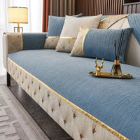 Housse de canapé en peluche couleur bleu – motif rectiligne brodé, antidérapante

