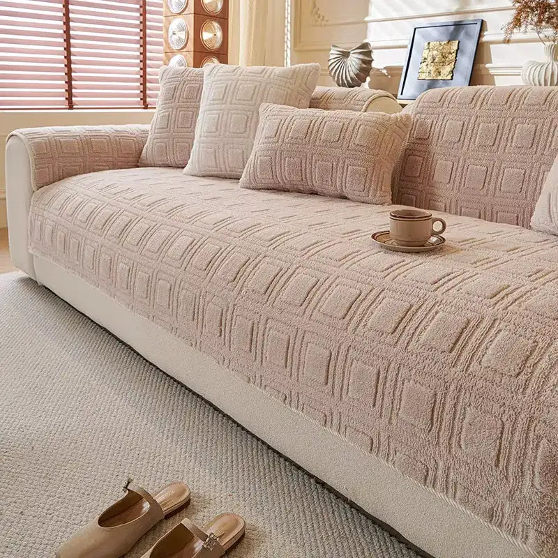 Housse de canapé en peluche motif carré brodé antidérapante - Beige
