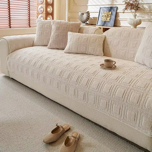 Housse de canapé en peluche motif carré brodé antidérapante - Blanc
