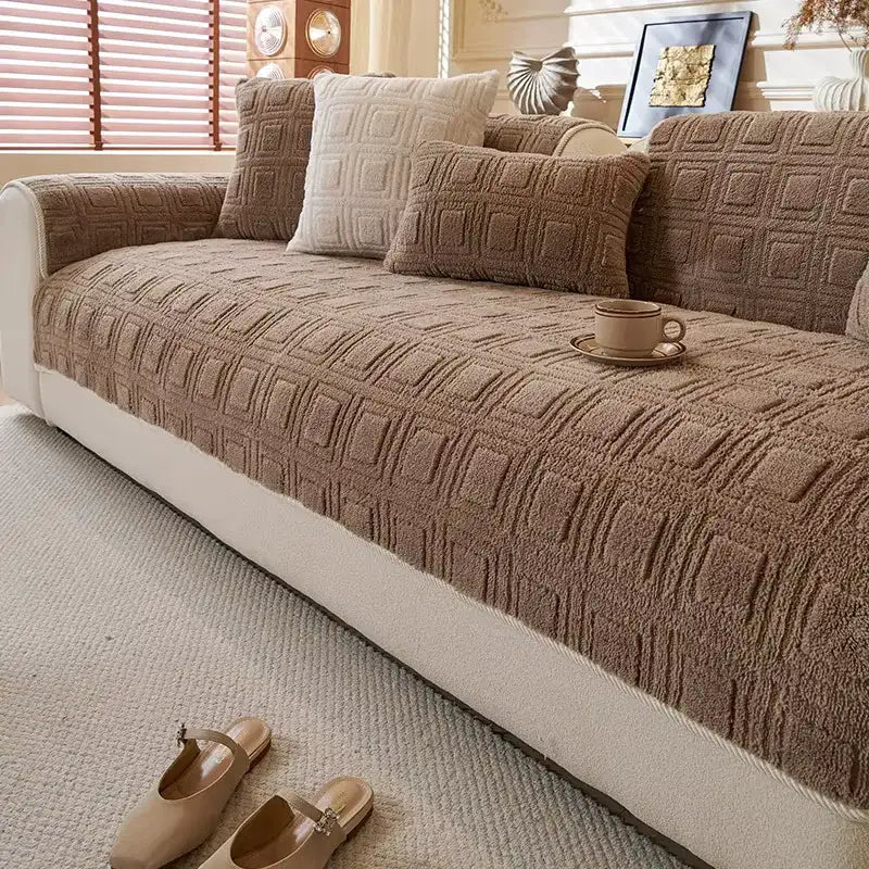 Housse de canapé en peluche motif carré brodé antidérapante - Brun
