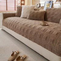 Housse de canapé en peluche motif carré brodé antidérapante - Brun
