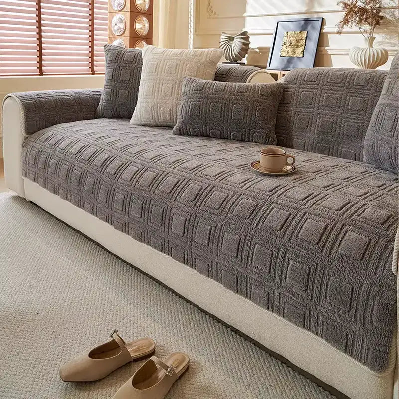 Housse de canapé en peluche motif carré brodé antidérapante - Gris
