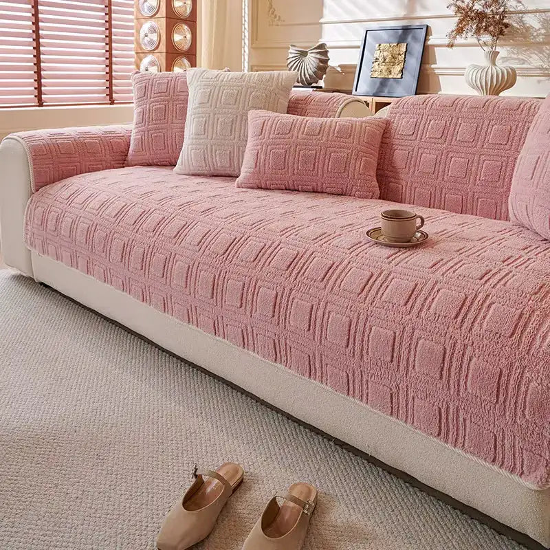 Housse de canapé en peluche motif carré brodé antidérapante - Rose
