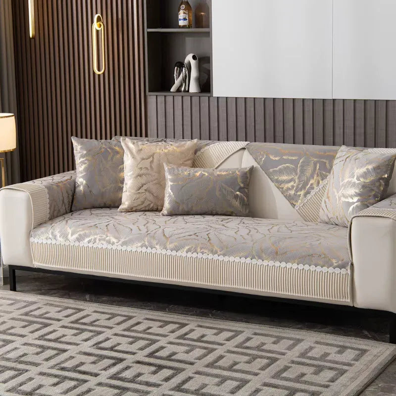 Housse de canapé en polyester brodé feuilles dorées antidérapante - Gris
