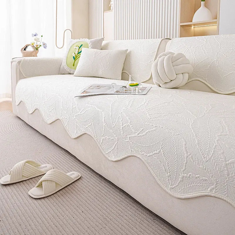 Housse de canapé en soie glacée polyester motif floral brodé antidérapante - Blanc
