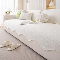 Housse de canapé en soie glacée polyester motif floral brodé antidérapante - Blanc
