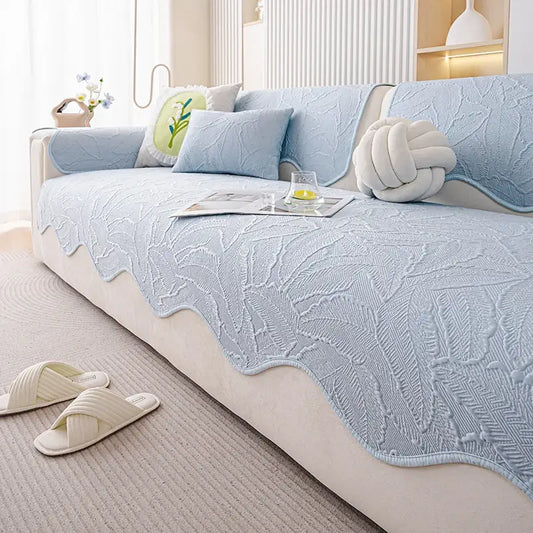Housse de canapé en soie glacée polyester motif floral brodé antidérapante - Bleu
