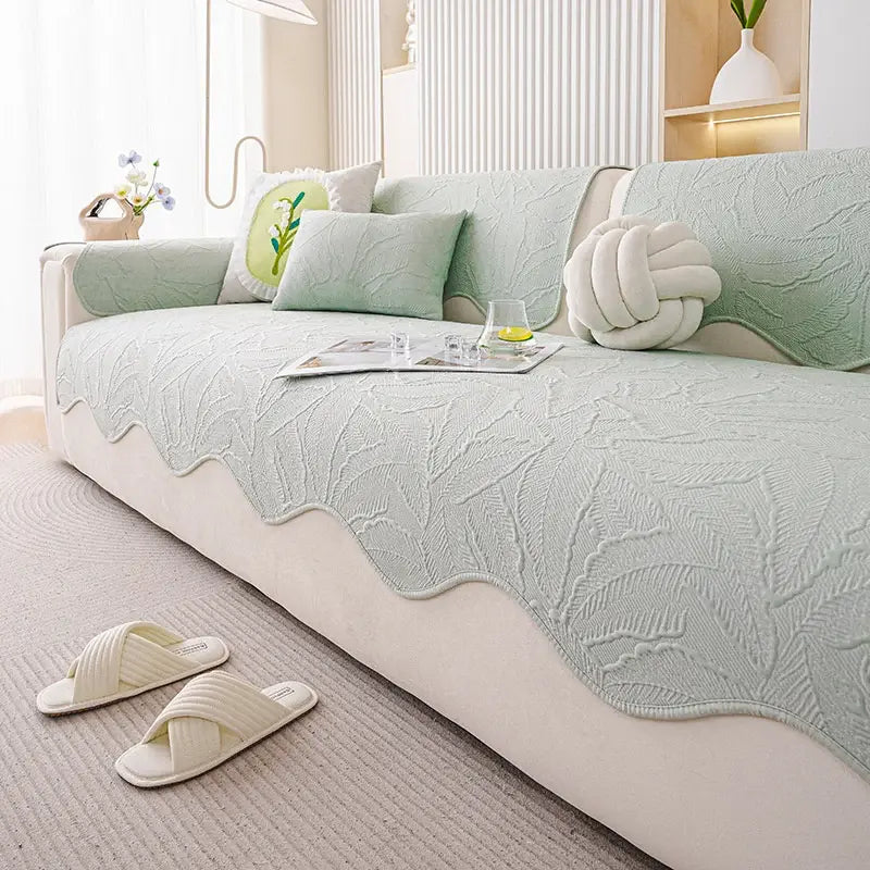 Housse de canapé en soie glacée polyester motif floral brodé antidérapante - Vert
