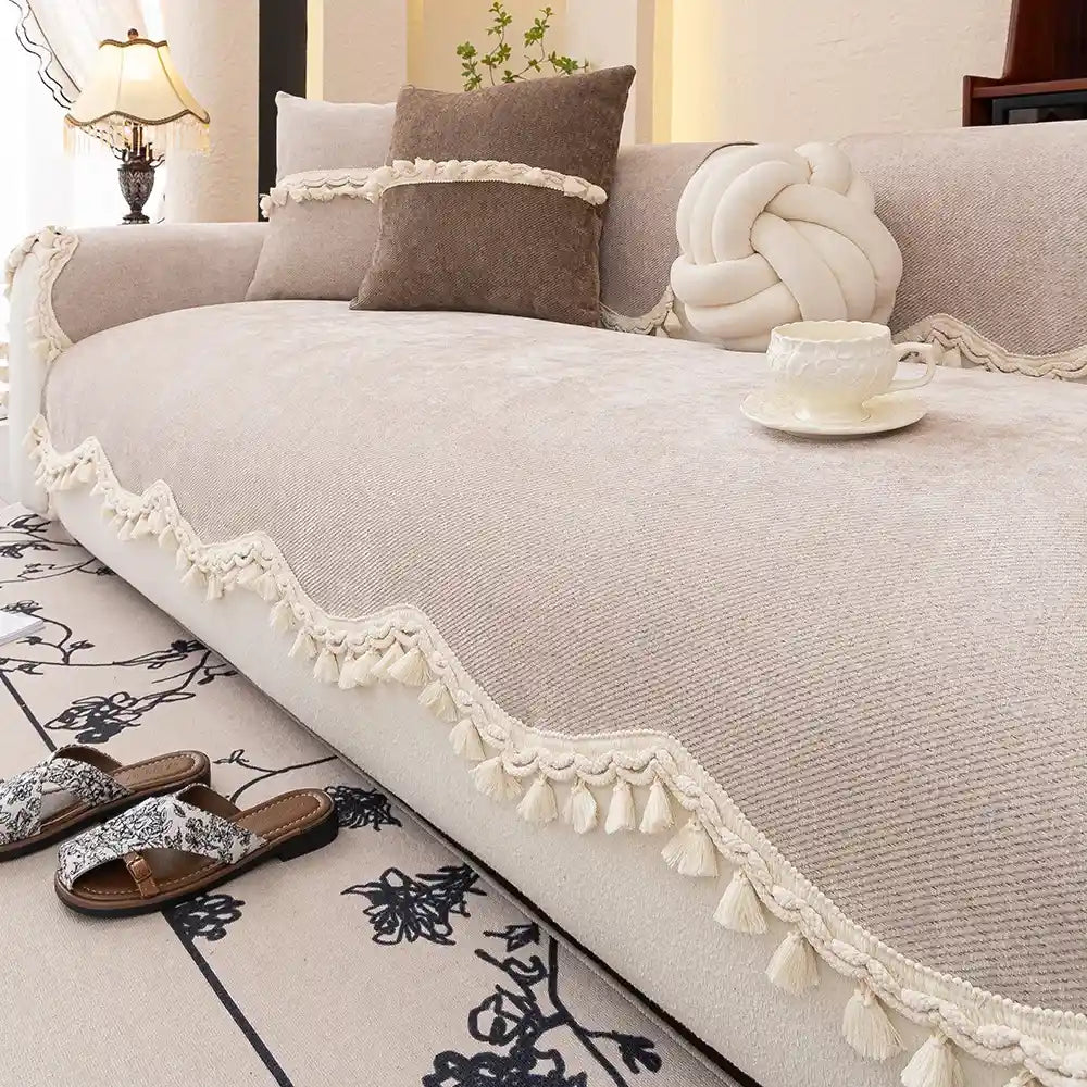Housse de canapé antidérapant ondulé à couleur unie beige en chenille 