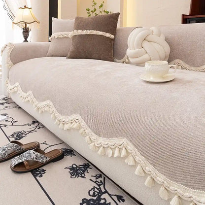 Housse de canapé antidérapant ondulé à couleur unie beige en chenille 