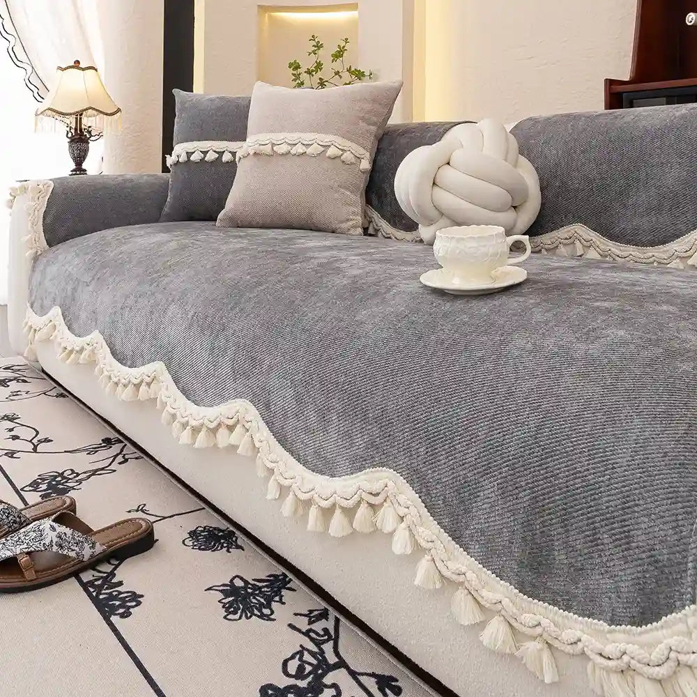 Housse de canapé antidérapant ondulé à couleur unie gris en chenille 