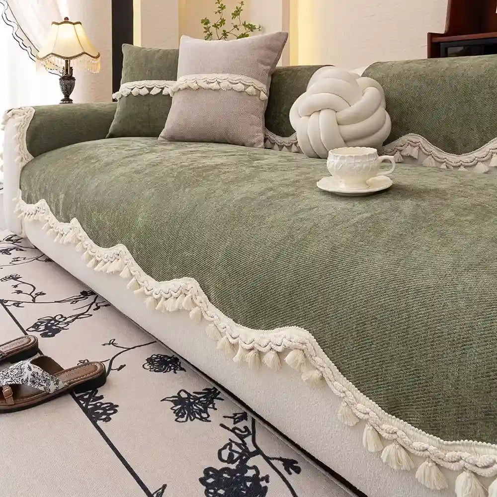 Housse de canapé antidérapant ondulé à couleur unie vert en chenille 