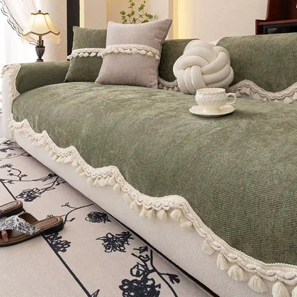 Housse de canapé antidérapant ondulé à couleur unie vert en chenille 