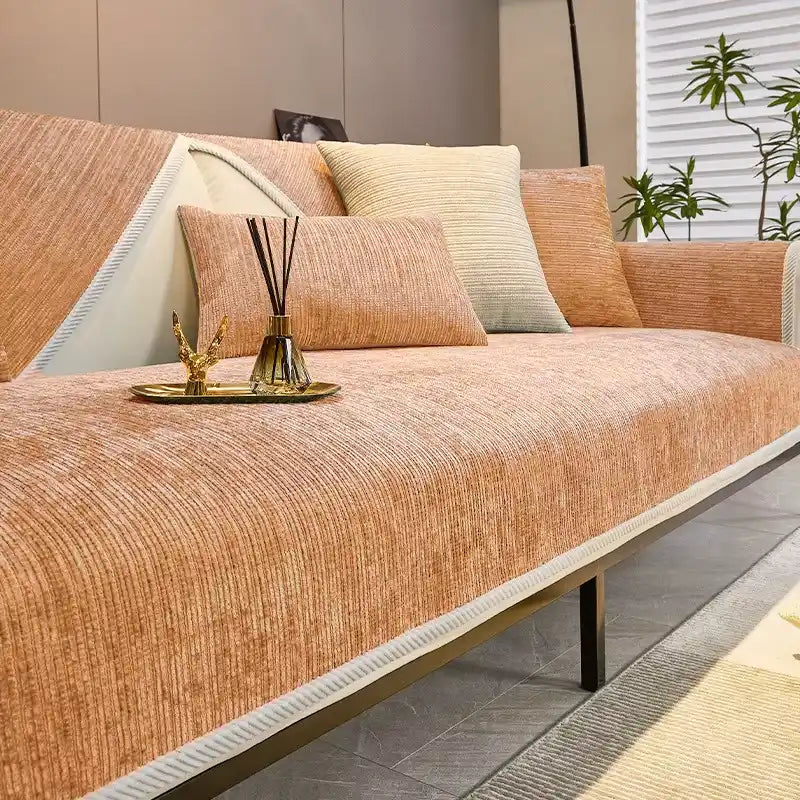 Housse de canapé en chenille chaleureuse antidérapante blanc rose saumon