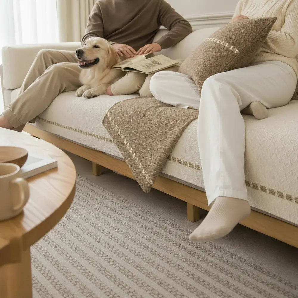 un couple assit avec un chien sur un canapé protéger par la housse de canapé en jacquard brodée