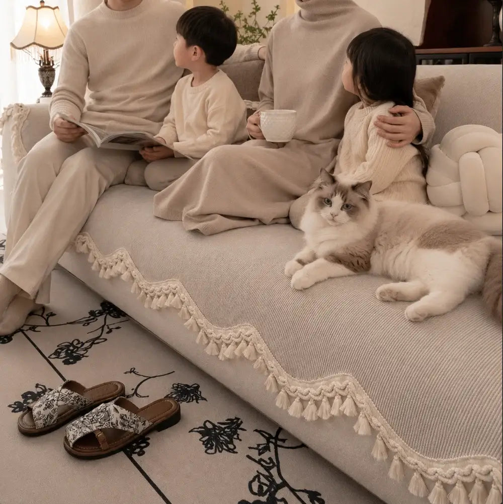 une famille assise sur un canapé habiller avec la housse de canapé ondulé à couleur unie grise