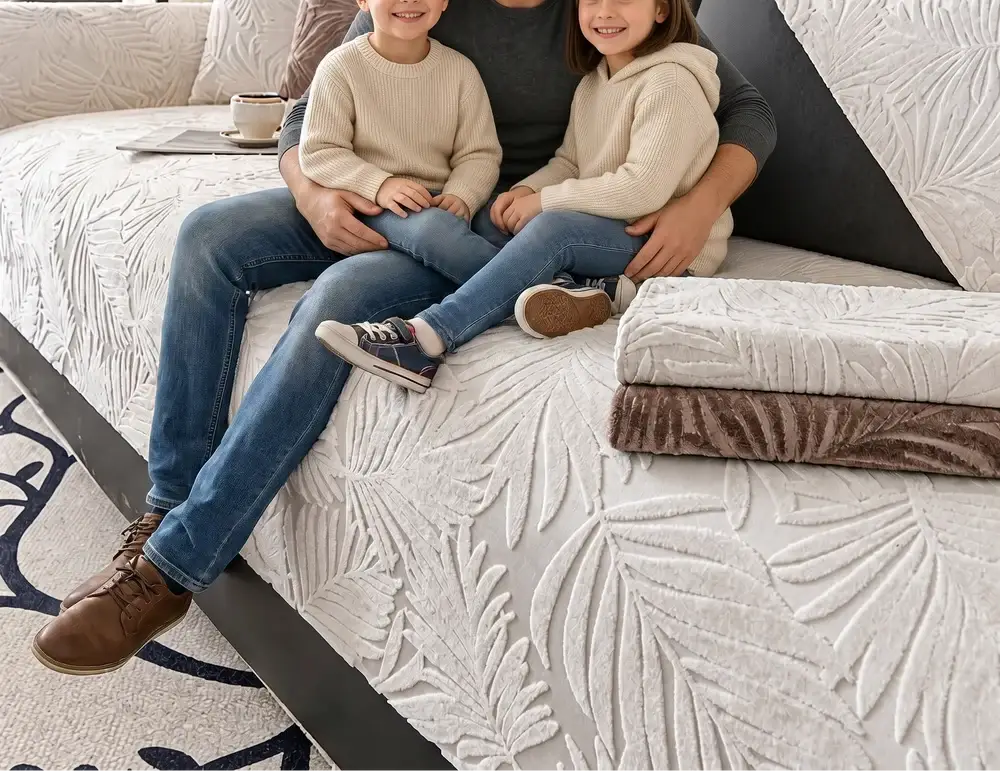 famille assis sur un canapé recouvert par la housse de canapé en jacquard brodée