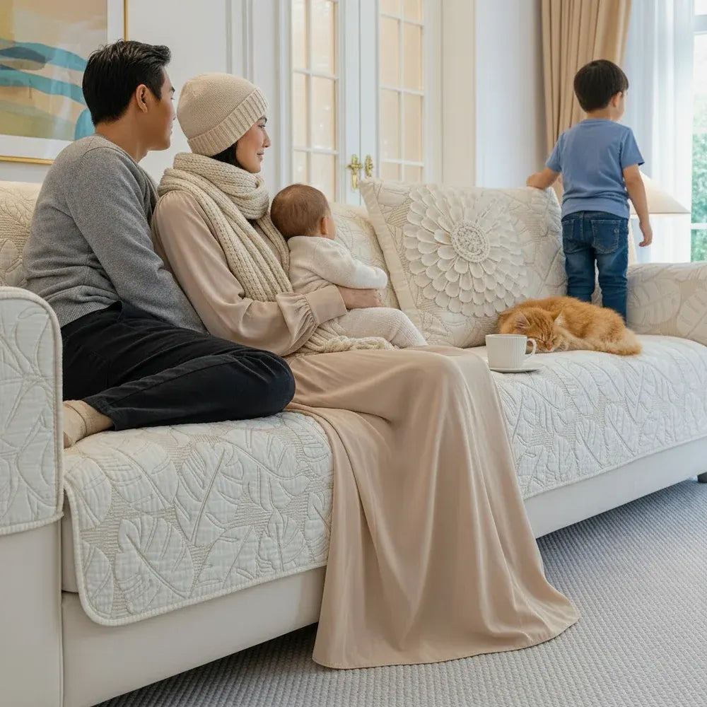 une famille assis sur un canapé recouvert par la housse de canapé en coton blanc