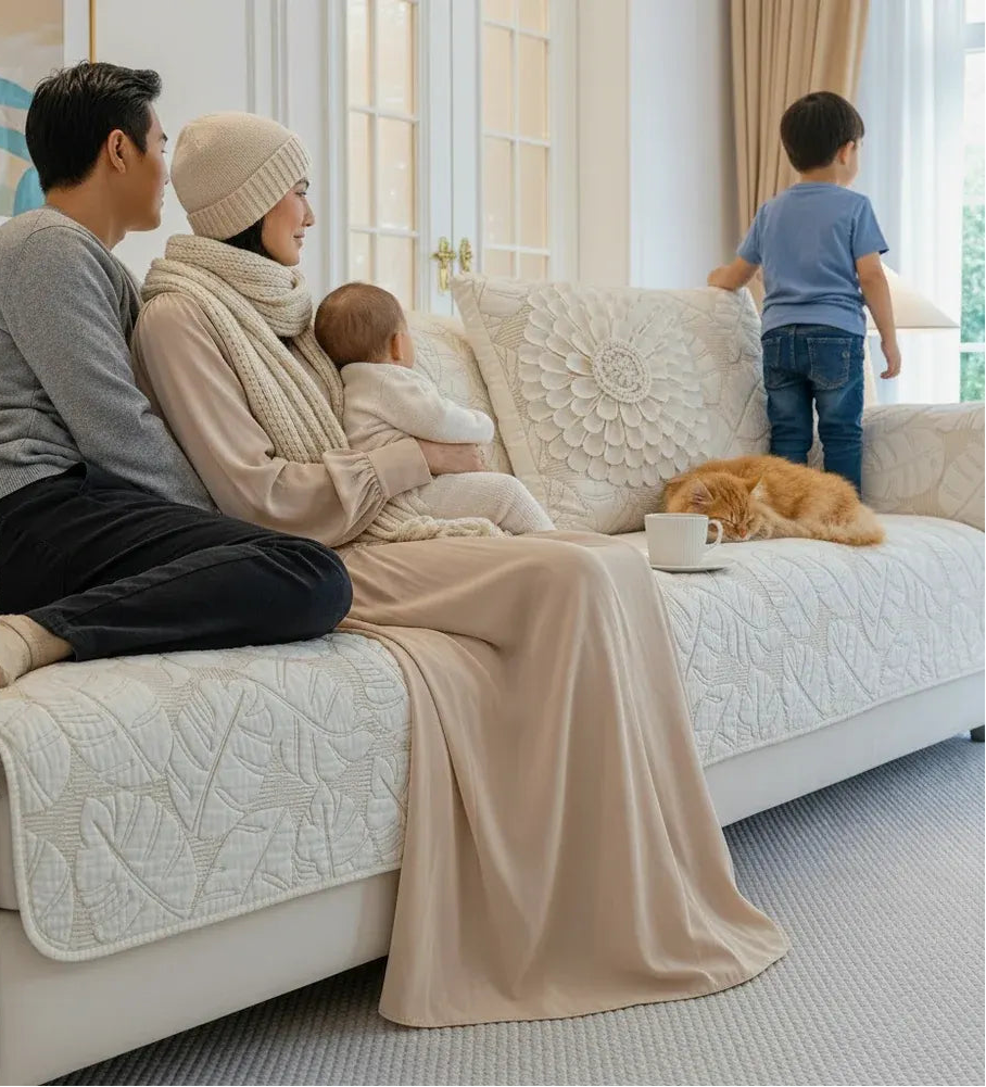 une famille assis sur un canapé recouvert par la housse de canapé en coton blanc Image