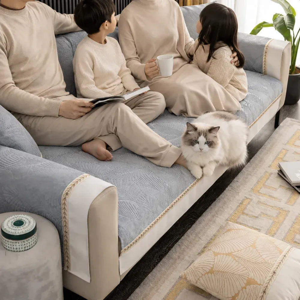 famille assise sur un canapé décoré par la housse de canapé style nordique Image