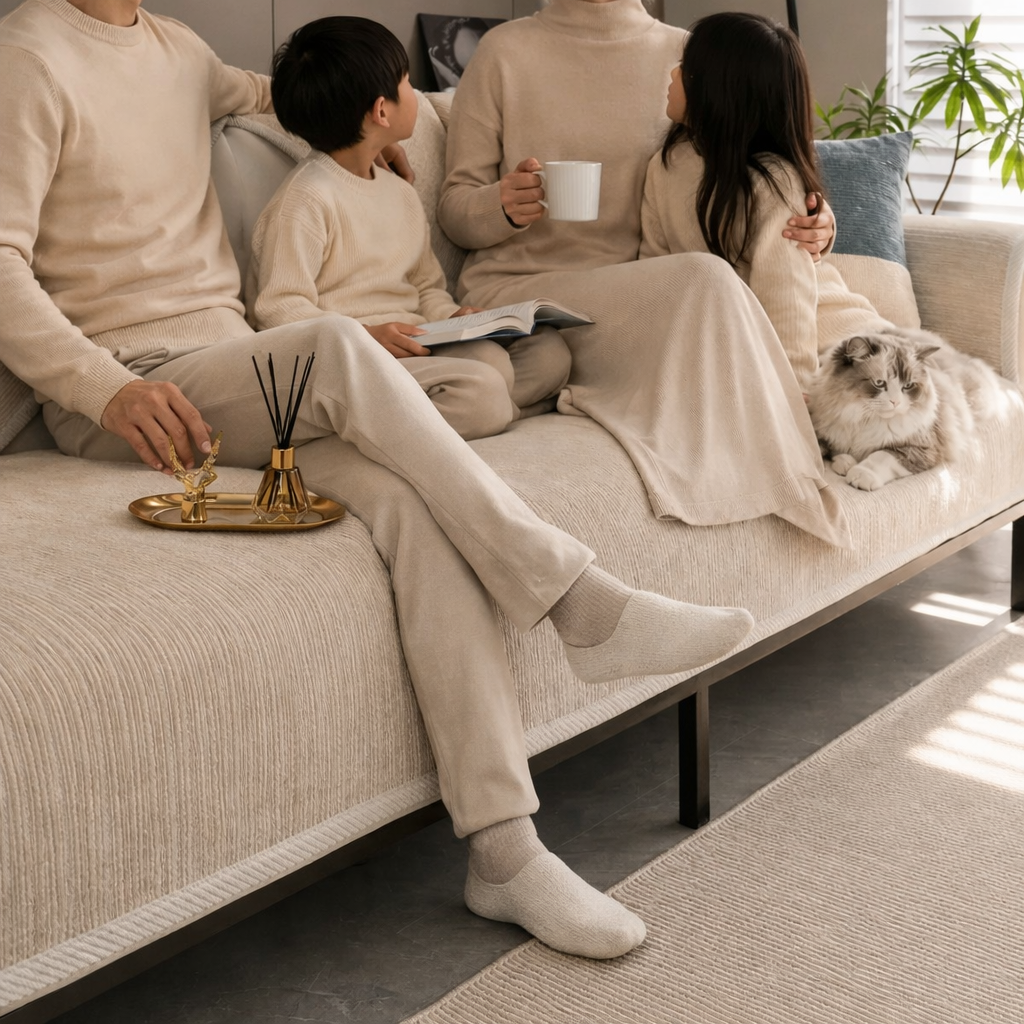 famille assis sur un canapé recouvert par la housse de canapé à couleurs unie chaleureuse Image