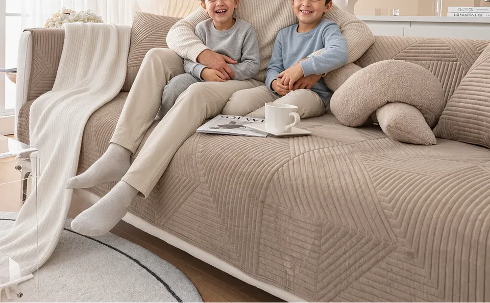 un papa et ces enfants assis sur un canapé protéger par la housse de canapé en chenille à motif géométrique
