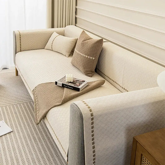 Housse de canapé jacquard brodée en chenille antidérapante - Blanc