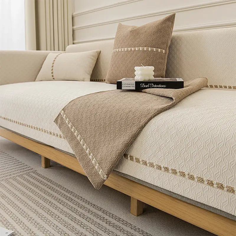 Housse de canapé jacquard brodée en chenille antidérapante - Blanc