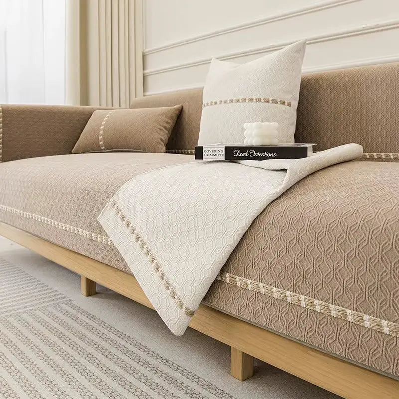 Housse de canapé jacquard brodée en chenille antidérapante - Brun
