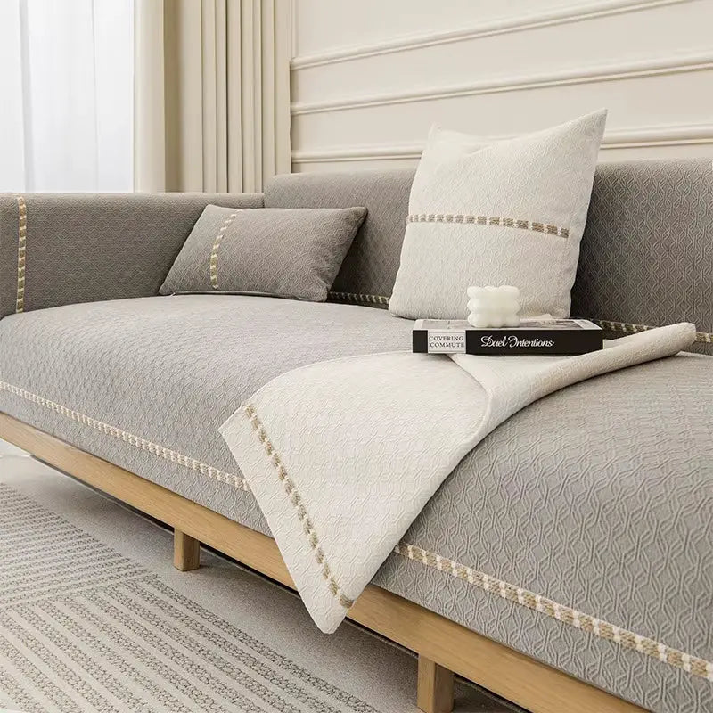 Housse de canapé jacquard brodée en chenille antidérapante - Gris foncé