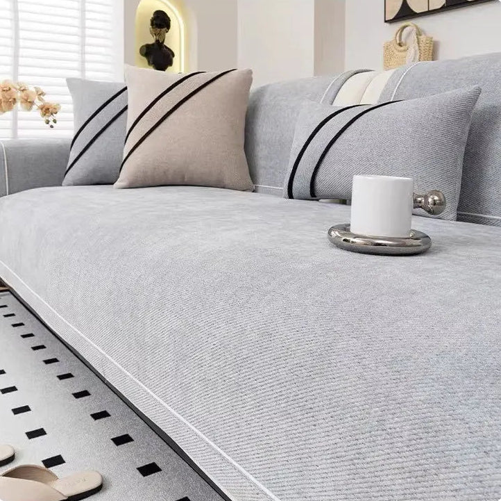 Housse de canapé légère en chenille couleur gris – protection antidérapante et lavable
